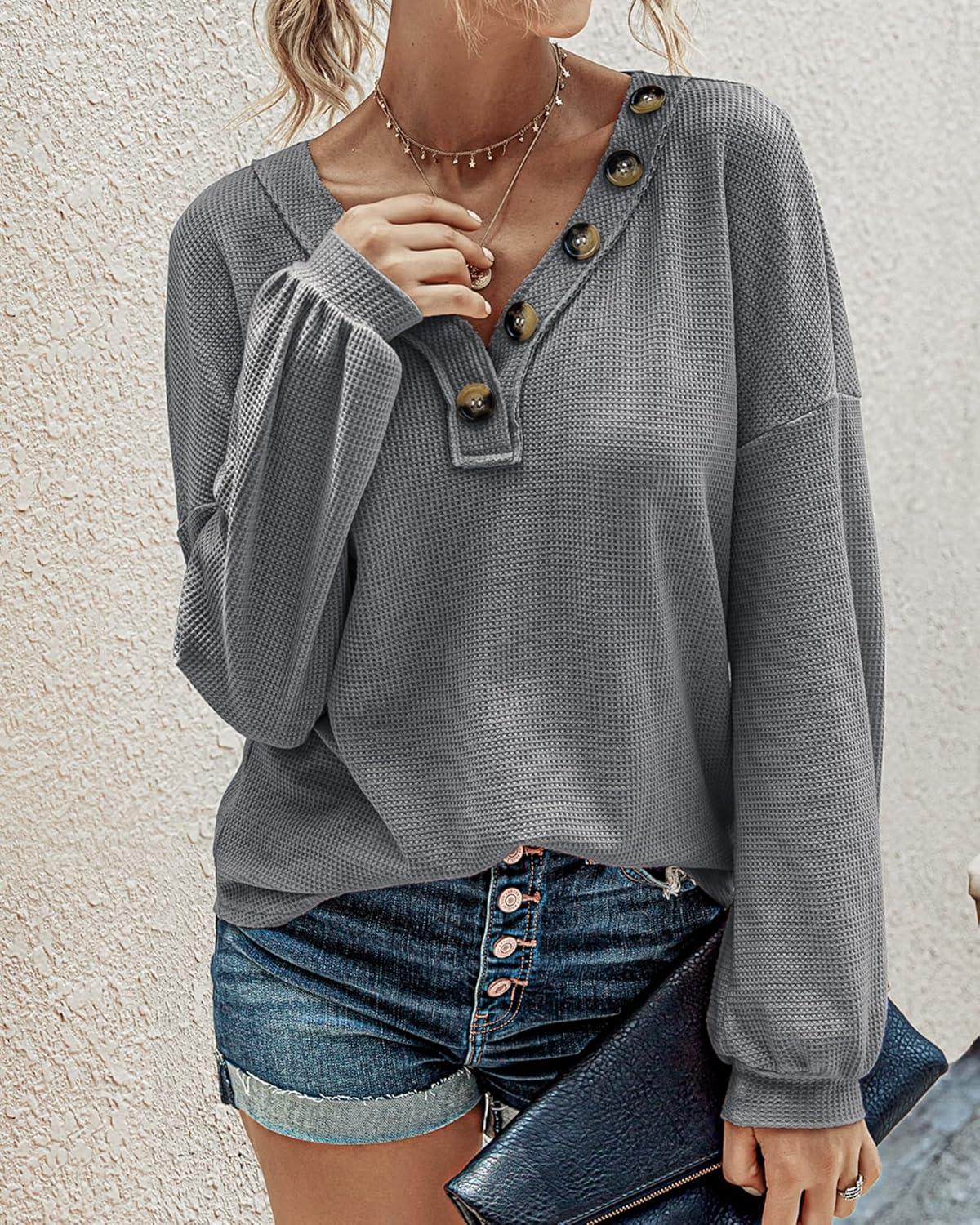 imageBTFBM Womens Fall Fashion 2025 Long Sleeve Shirts Spring V Neck Loose Casual Deco Button Lightweight Waffle Knit TopsLight Grey