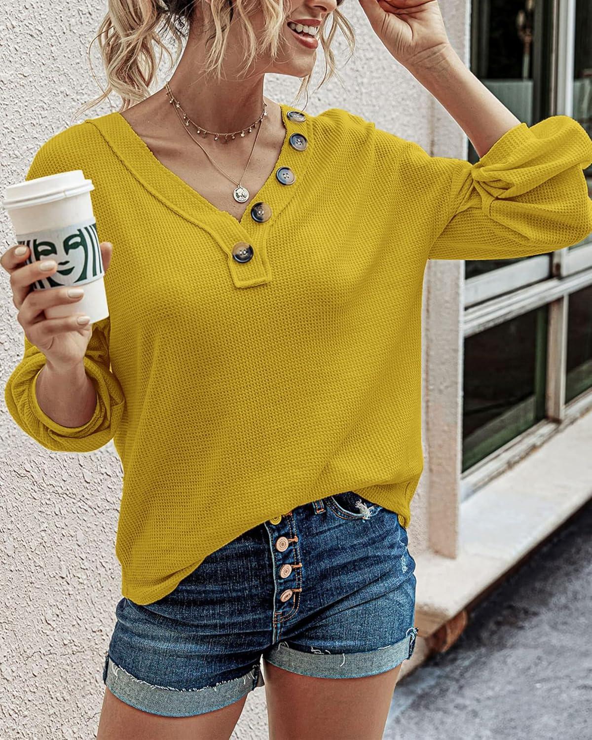 imageBTFBM Womens Fall Fashion 2025 Long Sleeve Shirts Spring V Neck Loose Casual Deco Button Lightweight Waffle Knit TopsMustard Yellow