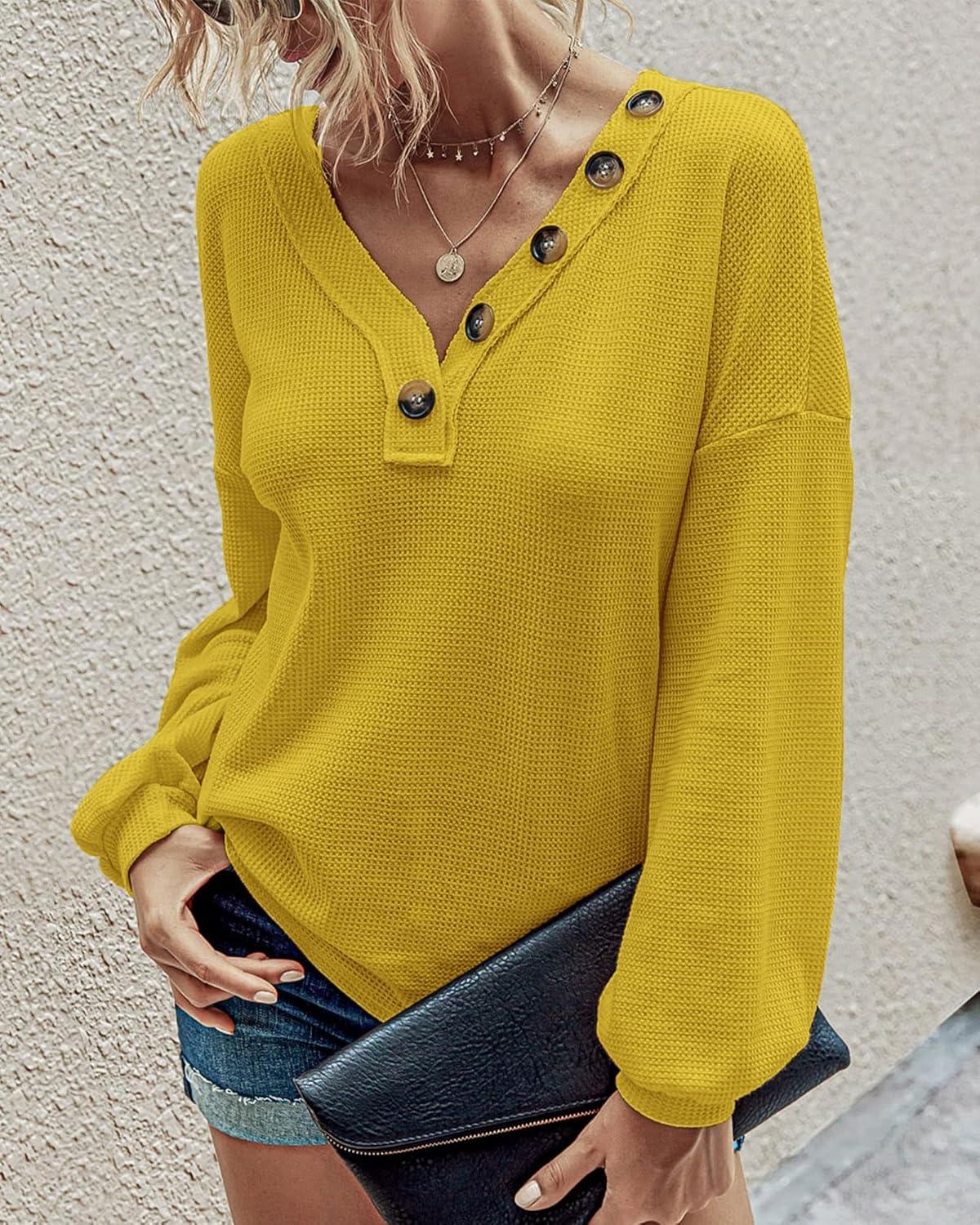 imageBTFBM Womens Fall Fashion 2025 Long Sleeve Shirts Spring V Neck Loose Casual Deco Button Lightweight Waffle Knit TopsMustard Yellow