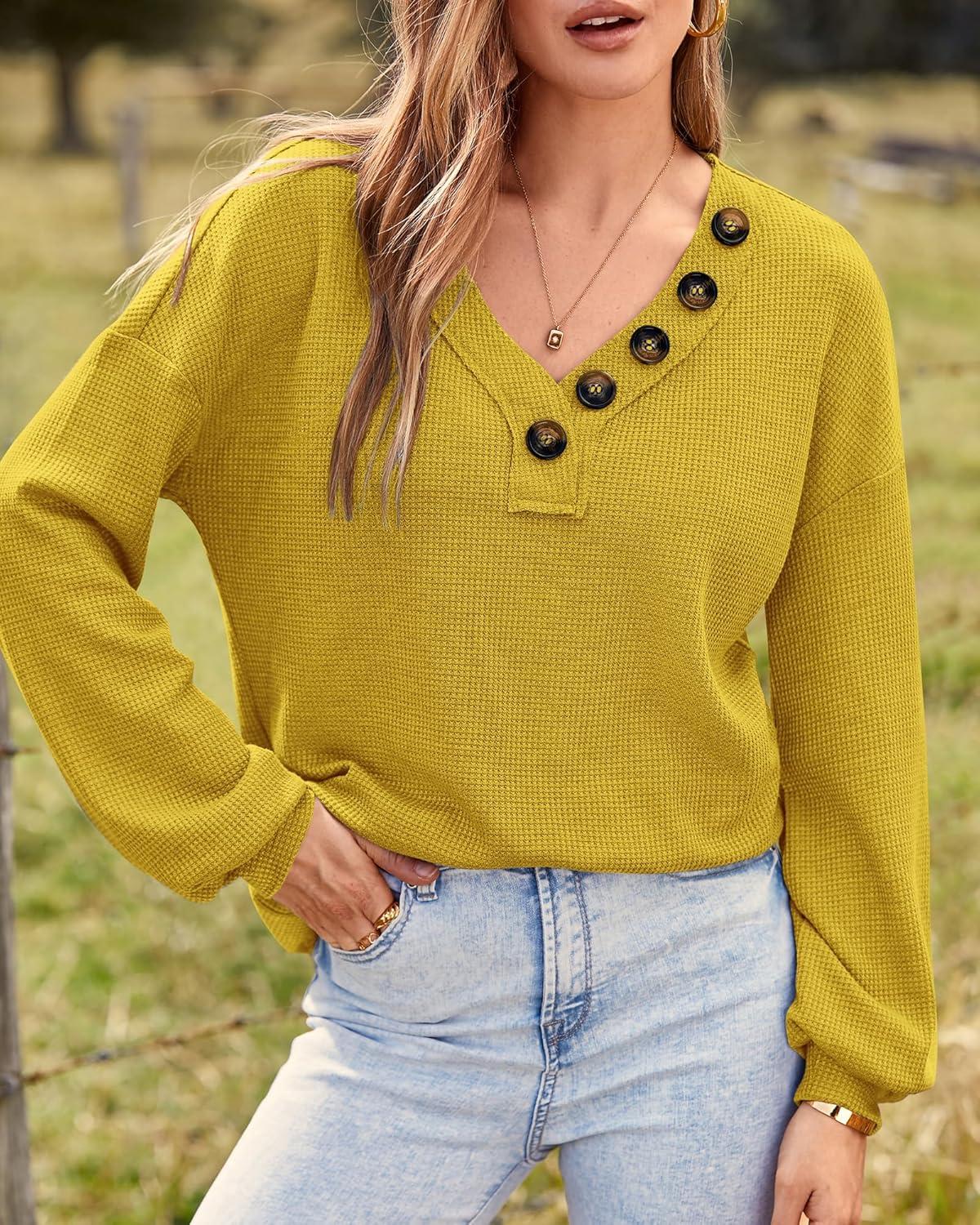 imageBTFBM Womens Fall Fashion 2025 Long Sleeve Shirts Spring V Neck Loose Casual Deco Button Lightweight Waffle Knit TopsMustard Yellow