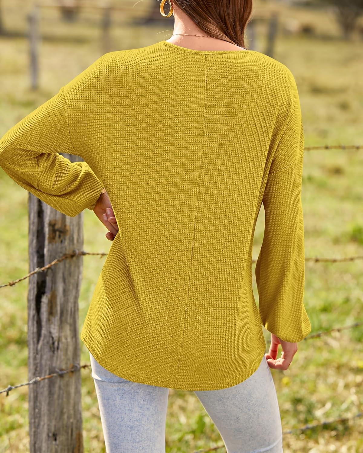 imageBTFBM Womens Fall Fashion 2025 Long Sleeve Shirts Spring V Neck Loose Casual Deco Button Lightweight Waffle Knit TopsMustard Yellow