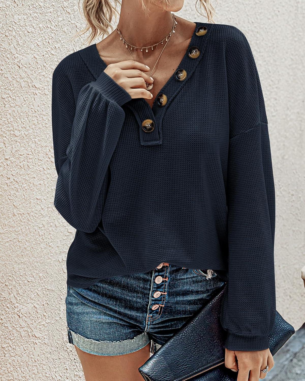 imageBTFBM Womens Fall Fashion 2025 Long Sleeve Shirts Spring V Neck Loose Casual Deco Button Lightweight Waffle Knit TopsNavy