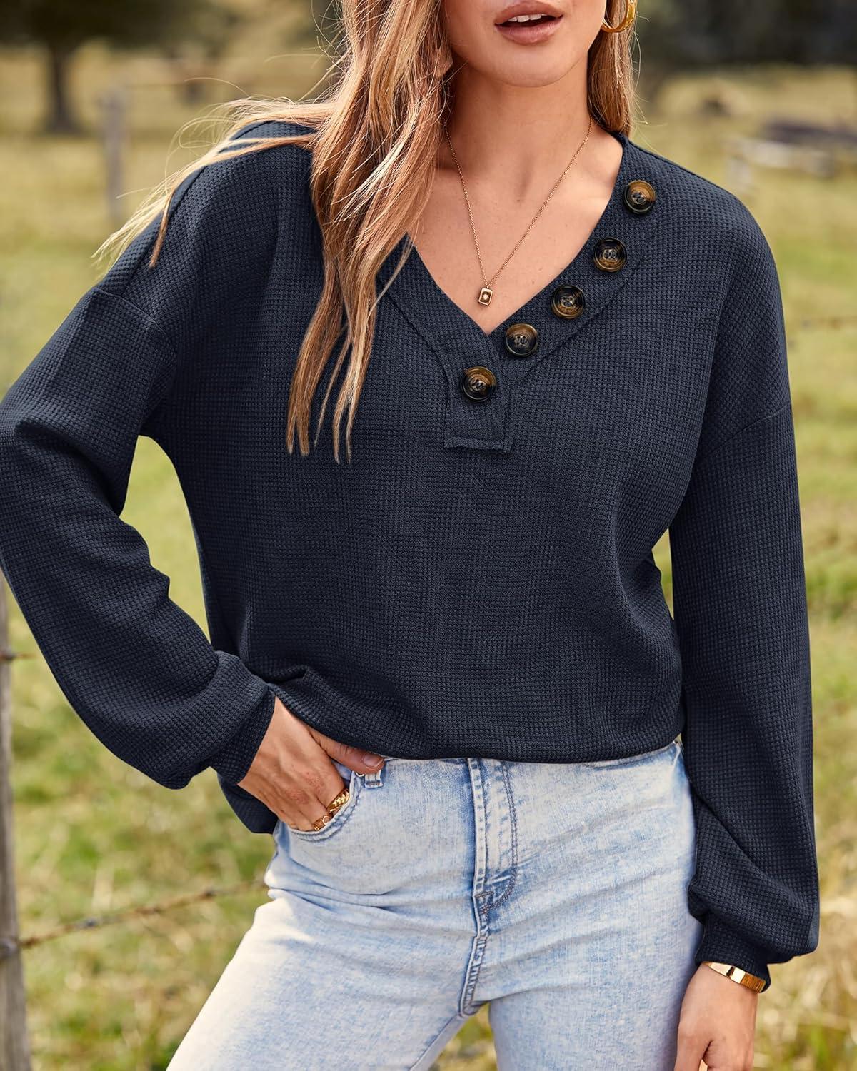 imageBTFBM Womens Fall Fashion 2025 Long Sleeve Shirts Spring V Neck Loose Casual Deco Button Lightweight Waffle Knit TopsNavy