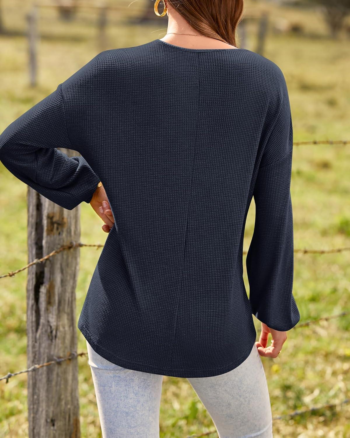 imageBTFBM Womens Fall Fashion 2025 Long Sleeve Shirts Spring V Neck Loose Casual Deco Button Lightweight Waffle Knit TopsNavy