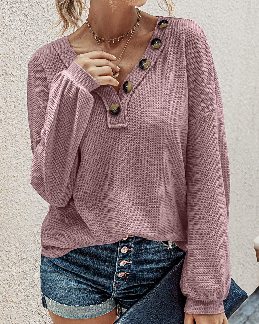imageBTFBM Womens Fall Fashion 2025 Long Sleeve Shirts Spring V Neck Loose Casual Deco Button Lightweight Waffle Knit TopsPink