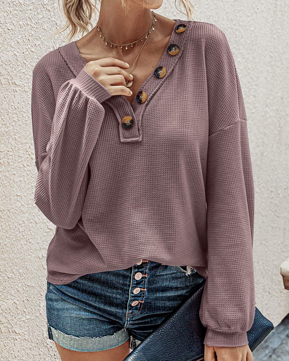 imageBTFBM Womens Fall Fashion 2025 Long Sleeve Shirts Spring V Neck Loose Casual Deco Button Lightweight Waffle Knit TopsPurple