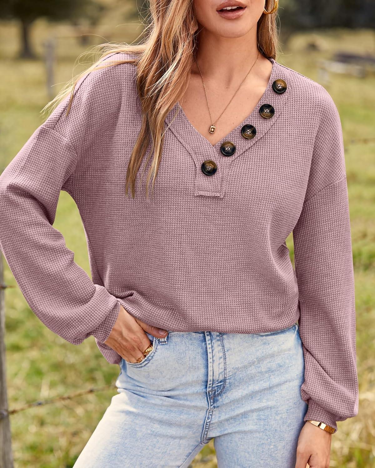 imageBTFBM Womens Fall Fashion 2025 Long Sleeve Shirts Spring V Neck Loose Casual Deco Button Lightweight Waffle Knit TopsPurple