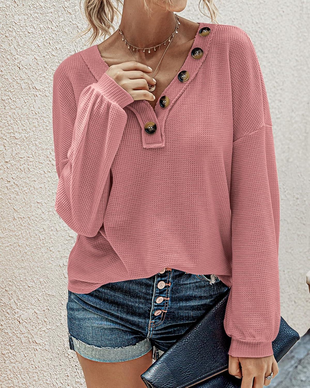 imageBTFBM Womens Fall Fashion 2025 Long Sleeve Shirts Spring V Neck Loose Casual Deco Button Lightweight Waffle Knit TopsRose Pink