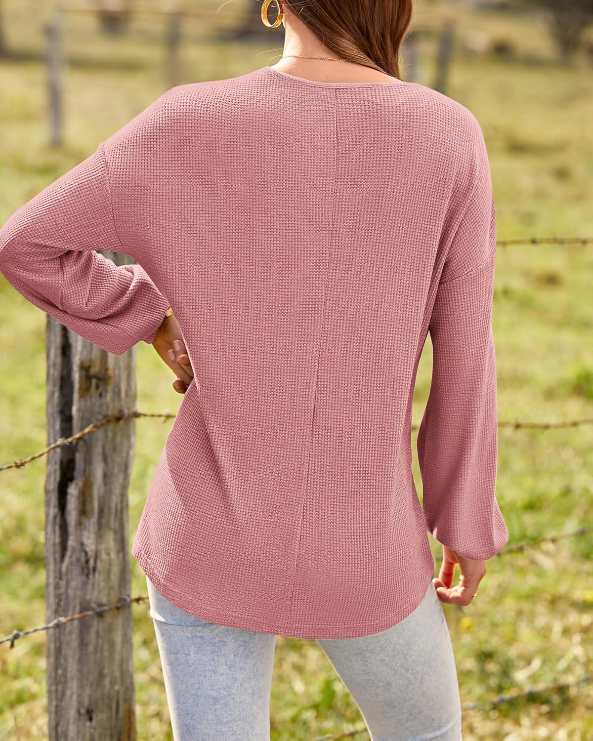 imageBTFBM Womens Fall Fashion 2025 Long Sleeve Shirts Spring V Neck Loose Casual Deco Button Lightweight Waffle Knit TopsRose Pink