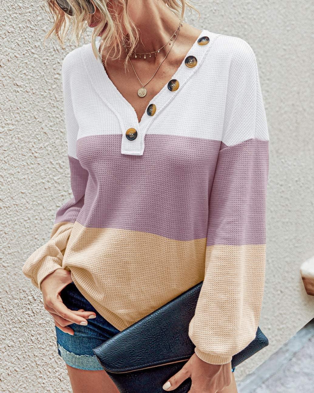 imageBTFBM Womens Fall Fashion 2025 Long Sleeve Shirts Spring V Neck Loose Casual Deco Button Lightweight Waffle Knit TopsStripe White