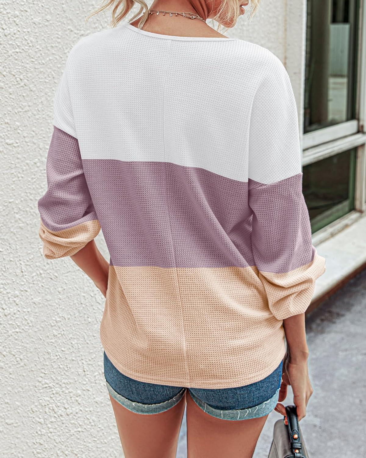imageBTFBM Womens Fall Fashion 2025 Long Sleeve Shirts Spring V Neck Loose Casual Deco Button Lightweight Waffle Knit TopsStripe White