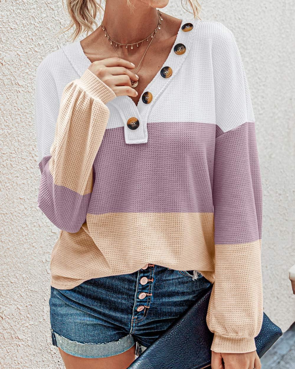 imageBTFBM Womens Fall Fashion 2025 Long Sleeve Shirts Spring V Neck Loose Casual Deco Button Lightweight Waffle Knit TopsStripe White
