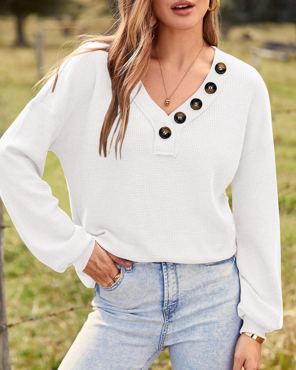 imageBTFBM Womens Fall Fashion 2025 Long Sleeve Shirts Spring V Neck Loose Casual Deco Button Lightweight Waffle Knit TopsWhite
