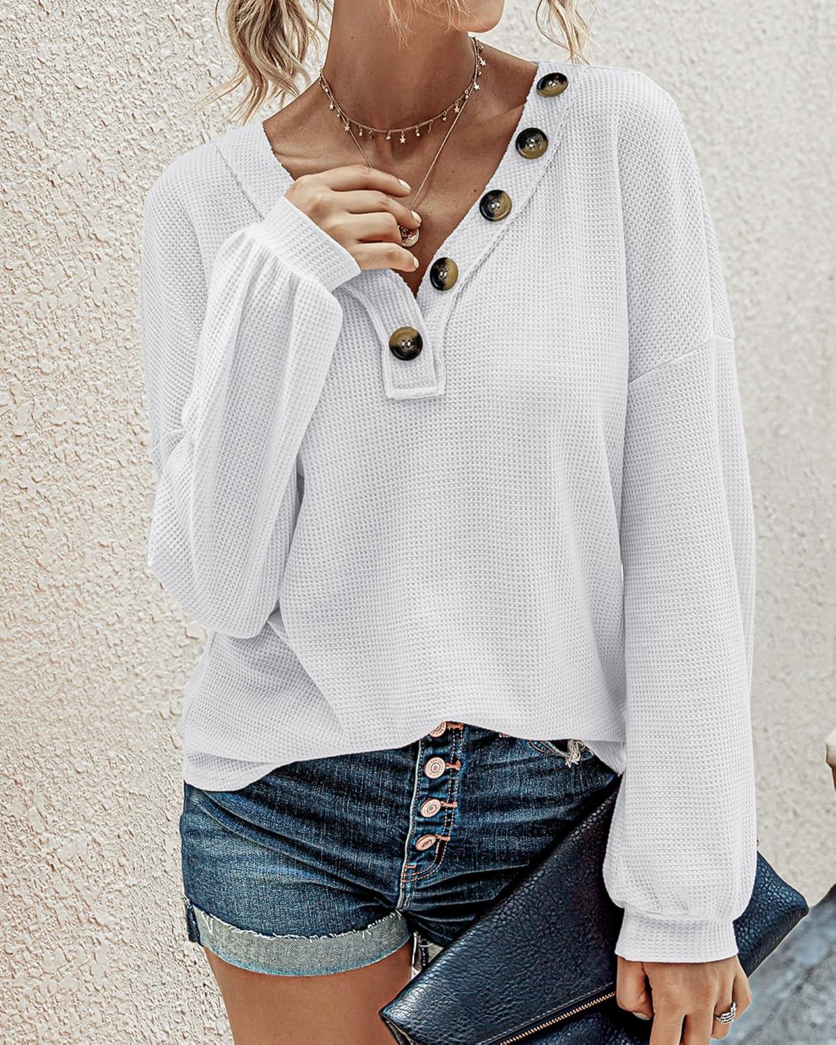 imageBTFBM Womens Fall Fashion 2025 Long Sleeve Shirts Spring V Neck Loose Casual Deco Button Lightweight Waffle Knit TopsWhite