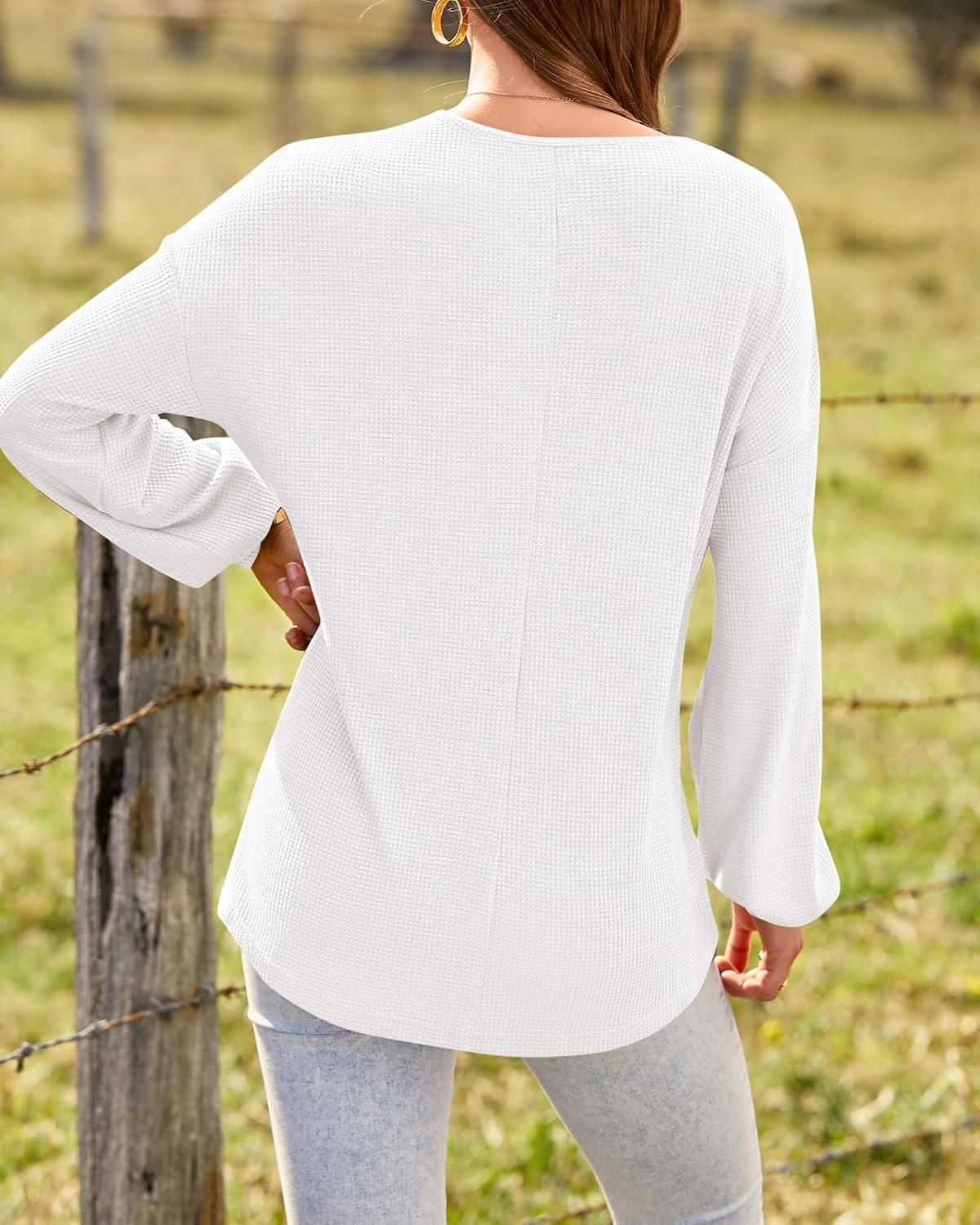 imageBTFBM Womens Fall Fashion 2025 Long Sleeve Shirts Spring V Neck Loose Casual Deco Button Lightweight Waffle Knit TopsWhite