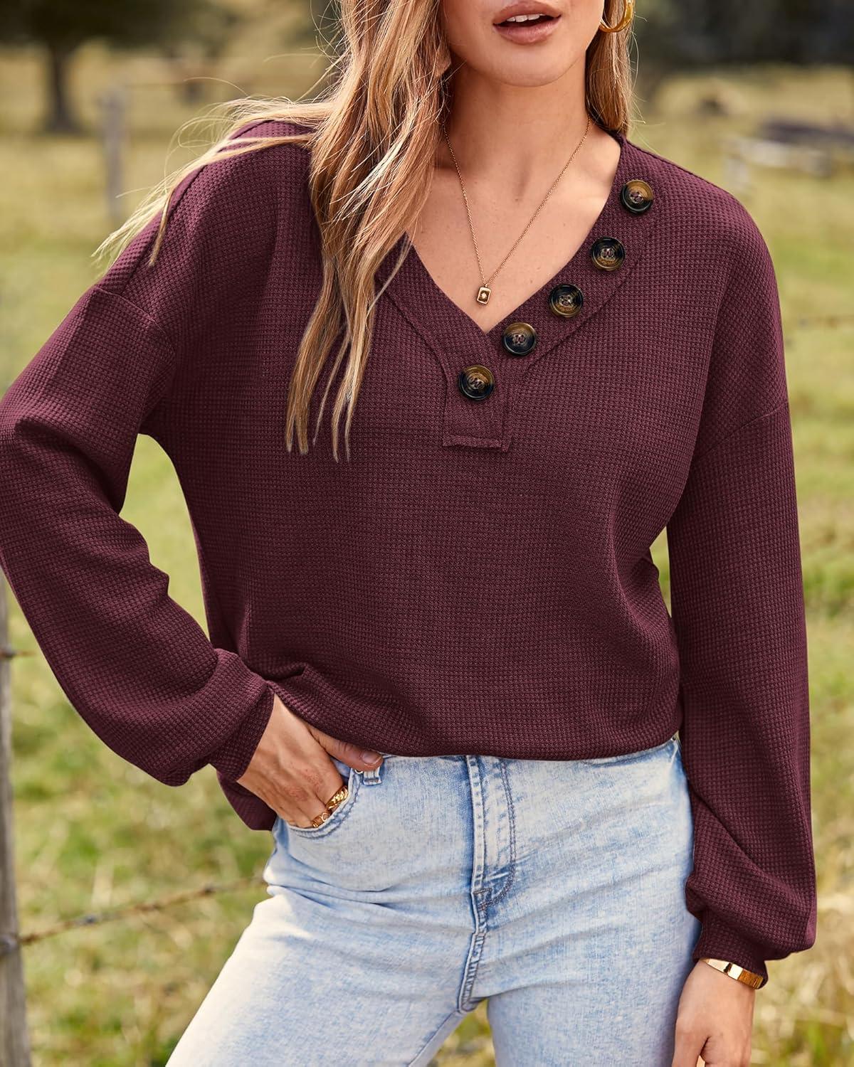 imageBTFBM Womens Fall Fashion 2025 Long Sleeve Shirts Spring V Neck Loose Casual Deco Button Lightweight Waffle Knit TopsWine Red