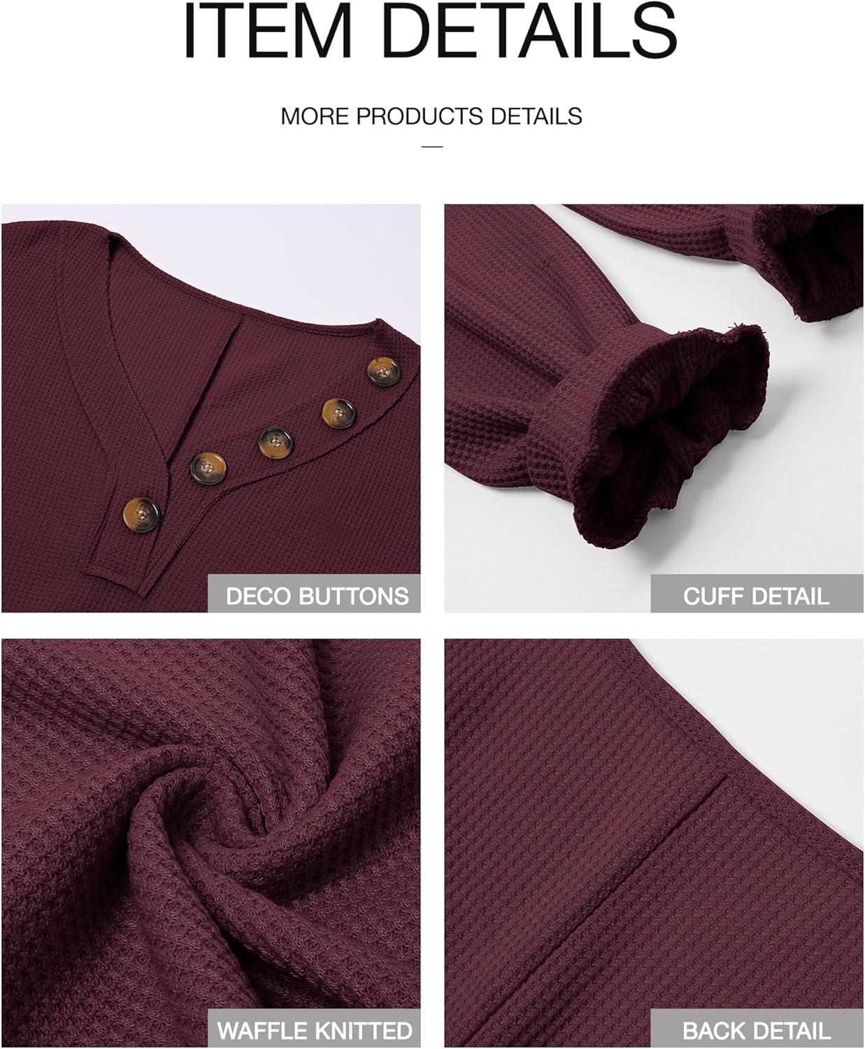 imageBTFBM Womens Fall Fashion 2025 Long Sleeve Shirts Spring V Neck Loose Casual Deco Button Lightweight Waffle Knit TopsWine Red