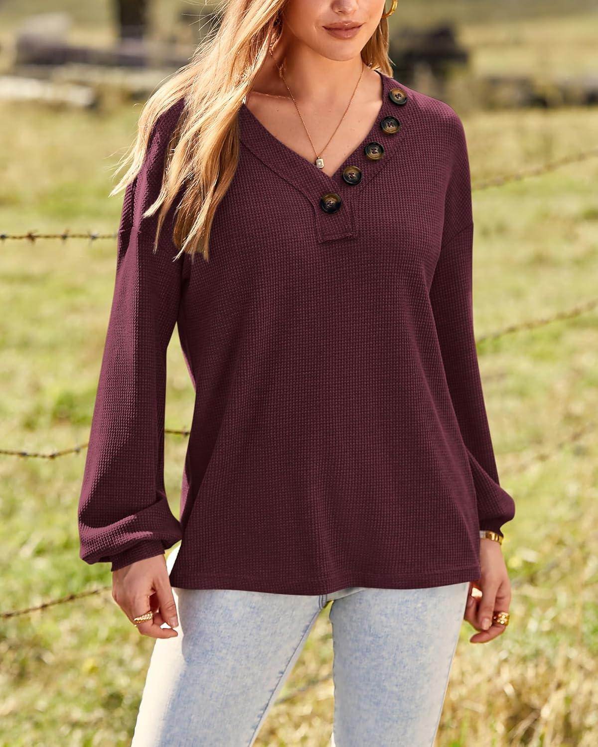 imageBTFBM Womens Fall Fashion 2025 Long Sleeve Shirts Spring V Neck Loose Casual Deco Button Lightweight Waffle Knit TopsWine Red