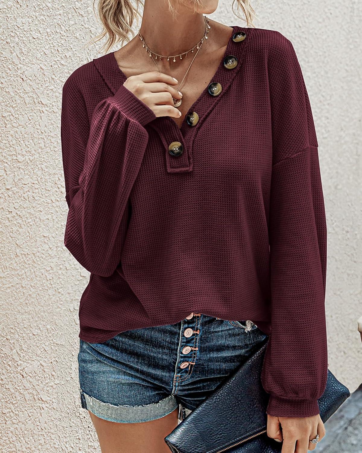 imageBTFBM Womens Fall Fashion 2025 Long Sleeve Shirts Spring V Neck Loose Casual Deco Button Lightweight Waffle Knit TopsWine Red