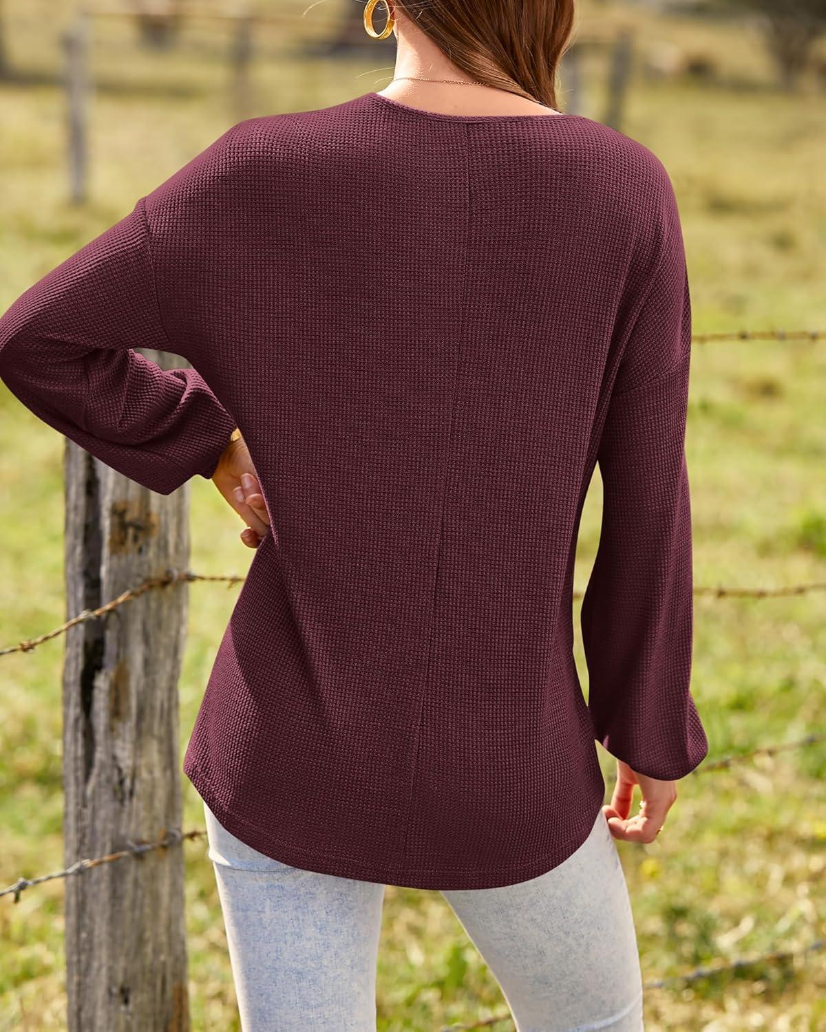 imageBTFBM Womens Fall Fashion 2025 Long Sleeve Shirts Spring V Neck Loose Casual Deco Button Lightweight Waffle Knit TopsWine Red