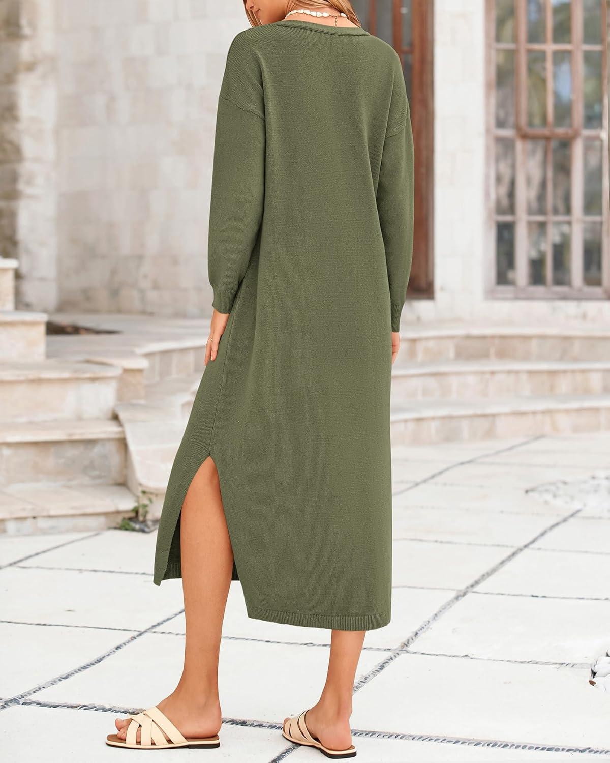 imageBTFBM Womens Fall Fashion 2025 Sweater Dress Casual V Neck Long Sleeve Slit Knit Oversized Sweaters Winter Maxi DressesArmy Green