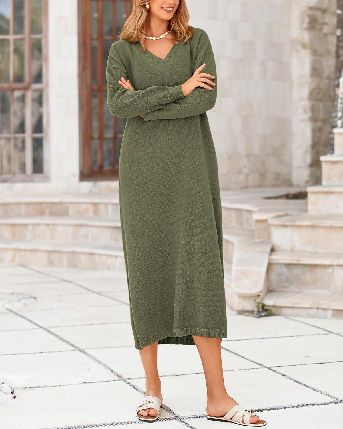 imageBTFBM Womens Fall Fashion 2025 Sweater Dress Casual V Neck Long Sleeve Slit Knit Oversized Sweaters Winter Maxi DressesArmy Green
