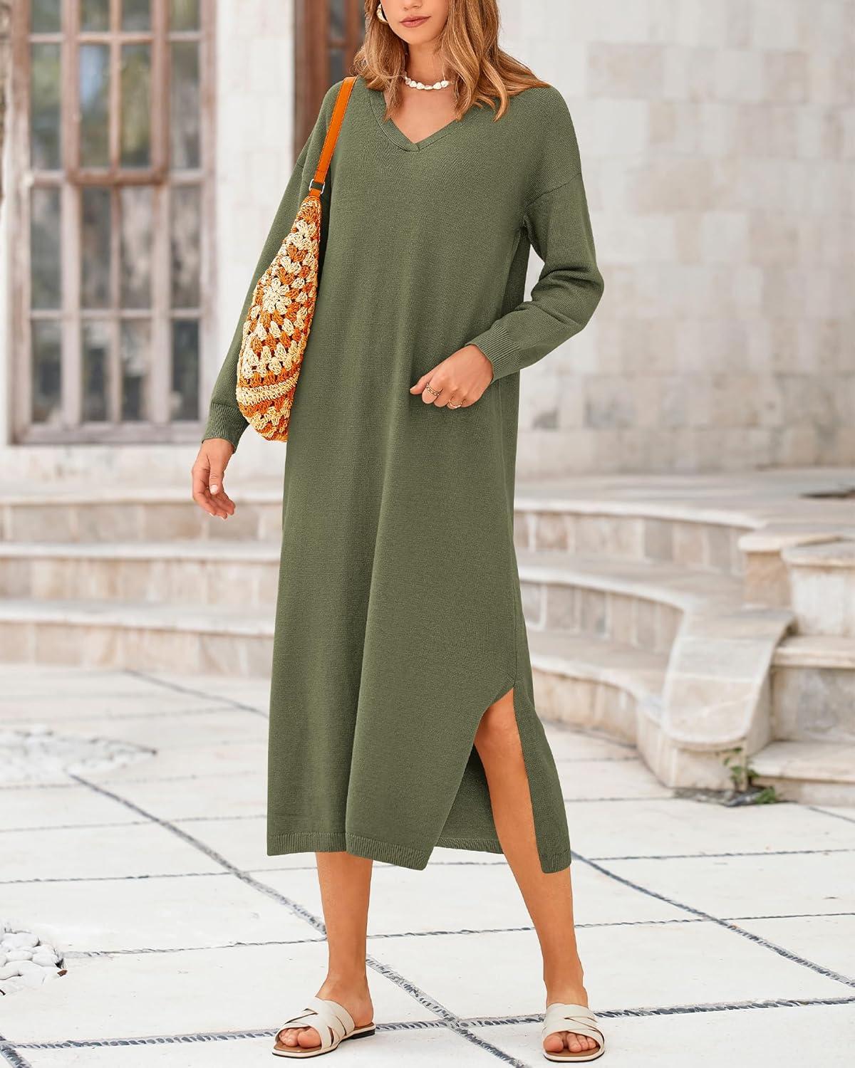 imageBTFBM Womens Fall Fashion 2025 Sweater Dress Casual V Neck Long Sleeve Slit Knit Oversized Sweaters Winter Maxi DressesArmy Green