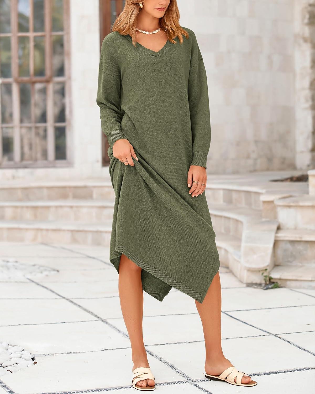 imageBTFBM Womens Fall Fashion 2025 Sweater Dress Casual V Neck Long Sleeve Slit Knit Oversized Sweaters Winter Maxi DressesArmy Green