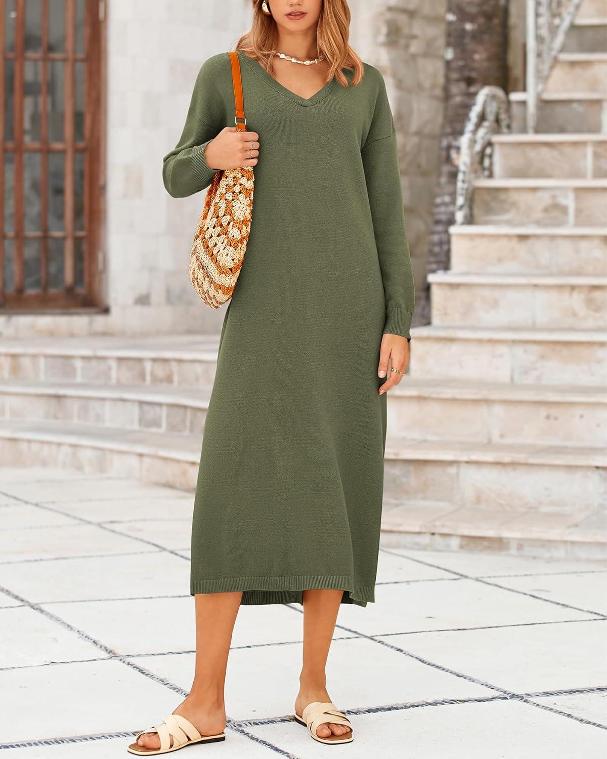 imageBTFBM Womens Fall Fashion 2025 Sweater Dress Casual V Neck Long Sleeve Slit Knit Oversized Sweaters Winter Maxi DressesArmy Green