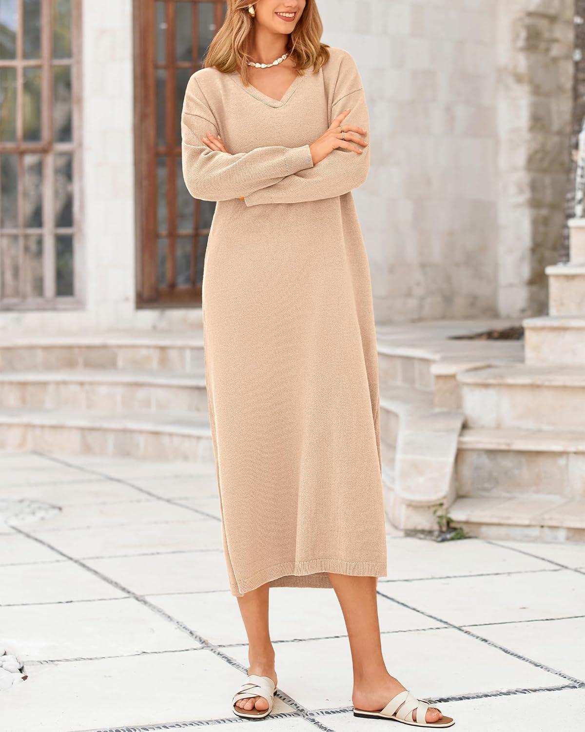 imageBTFBM Womens Fall Fashion 2025 Sweater Dress Casual V Neck Long Sleeve Slit Knit Oversized Sweaters Winter Maxi DressesBeige