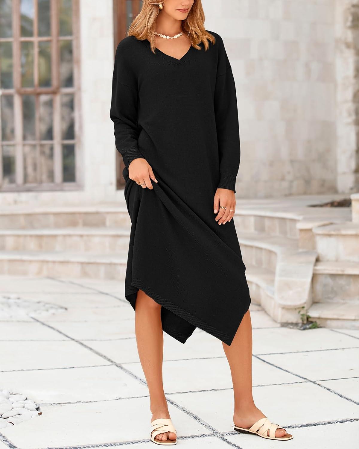 imageBTFBM Womens Fall Fashion 2025 Sweater Dress Casual V Neck Long Sleeve Slit Knit Oversized Sweaters Winter Maxi DressesBlack