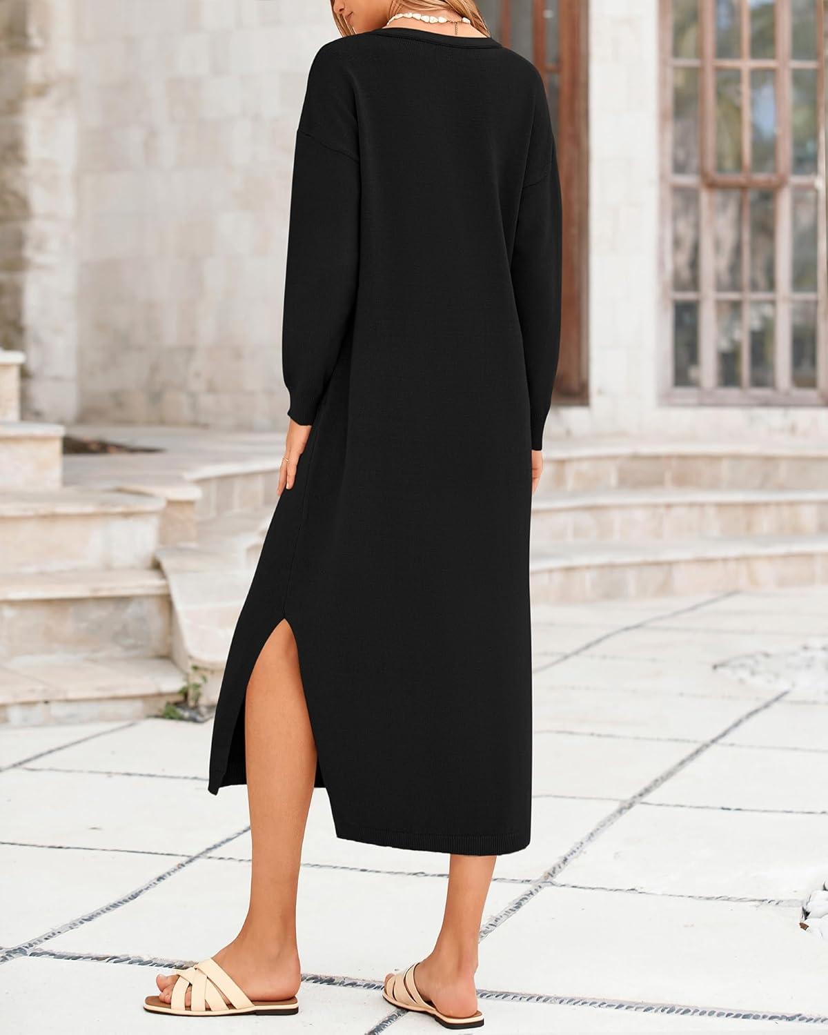 imageBTFBM Womens Fall Fashion 2025 Sweater Dress Casual V Neck Long Sleeve Slit Knit Oversized Sweaters Winter Maxi DressesBlack