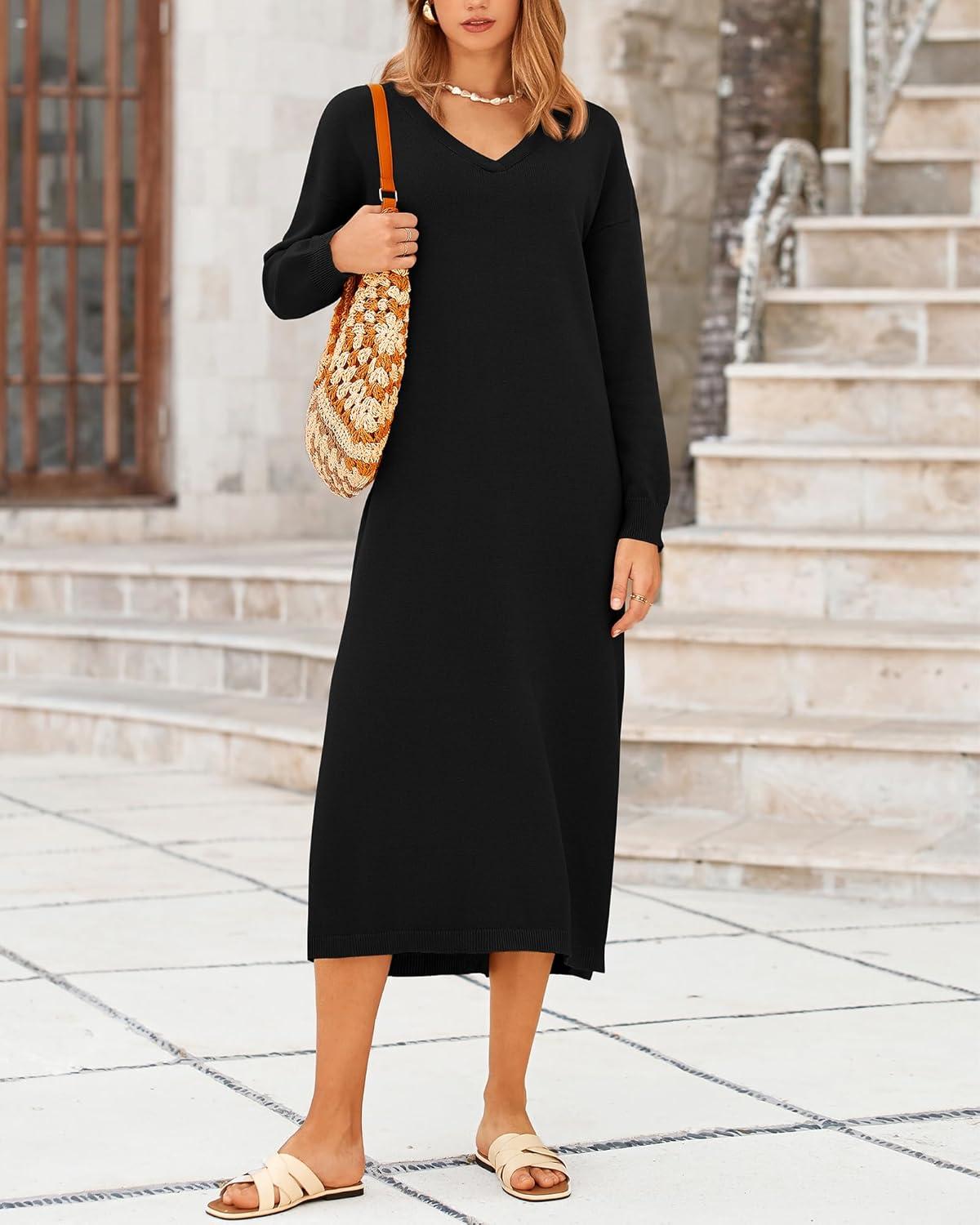 imageBTFBM Womens Fall Fashion 2025 Sweater Dress Casual V Neck Long Sleeve Slit Knit Oversized Sweaters Winter Maxi DressesBlack