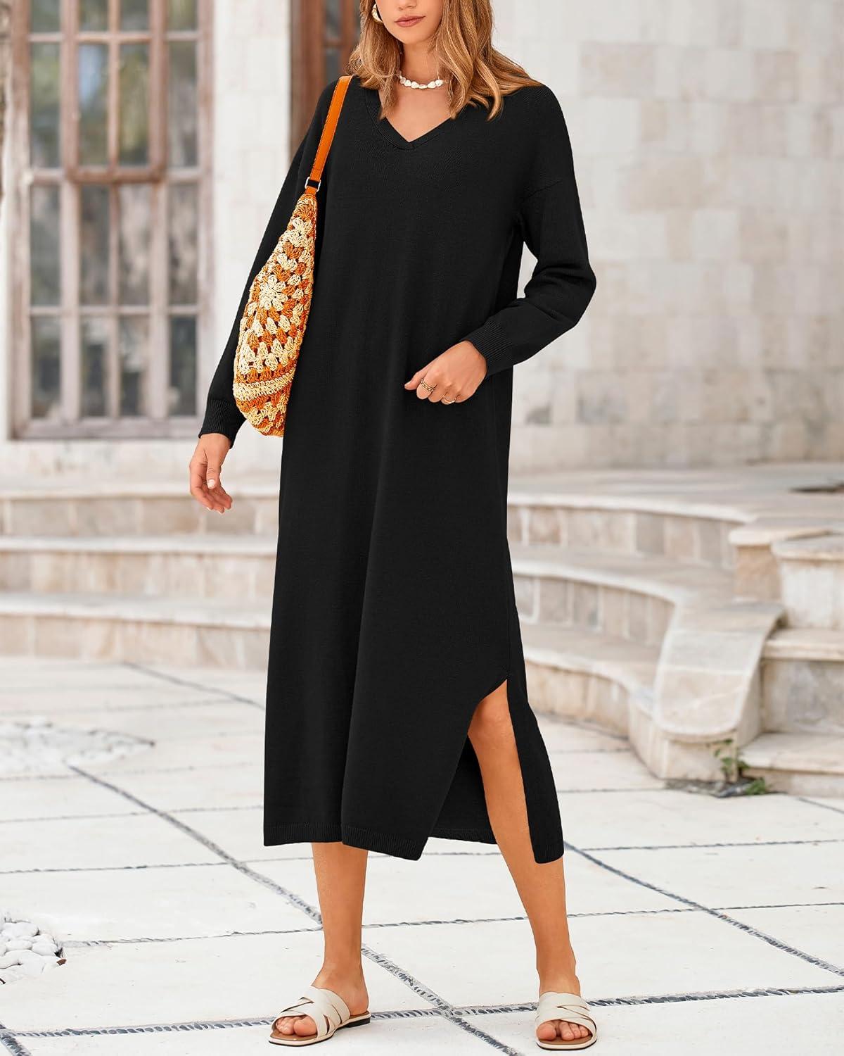 imageBTFBM Womens Fall Fashion 2025 Sweater Dress Casual V Neck Long Sleeve Slit Knit Oversized Sweaters Winter Maxi DressesBlack
