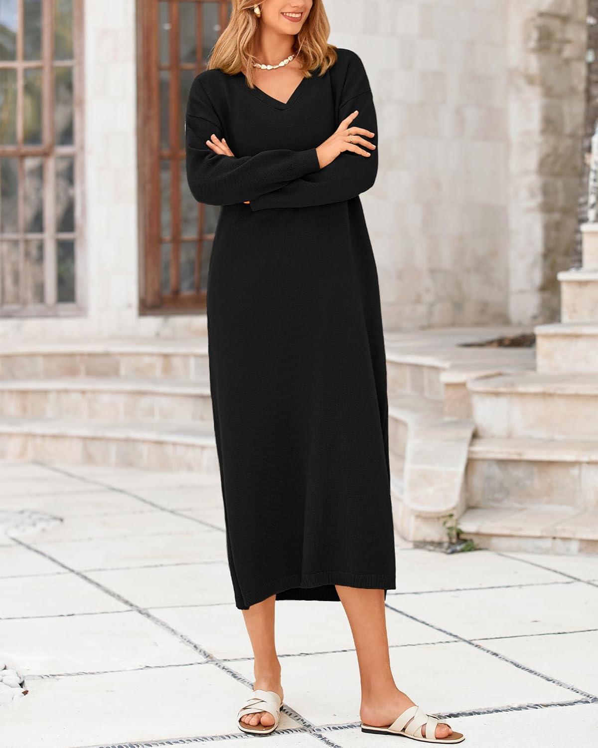 imageBTFBM Womens Fall Fashion 2025 Sweater Dress Casual V Neck Long Sleeve Slit Knit Oversized Sweaters Winter Maxi DressesBlack