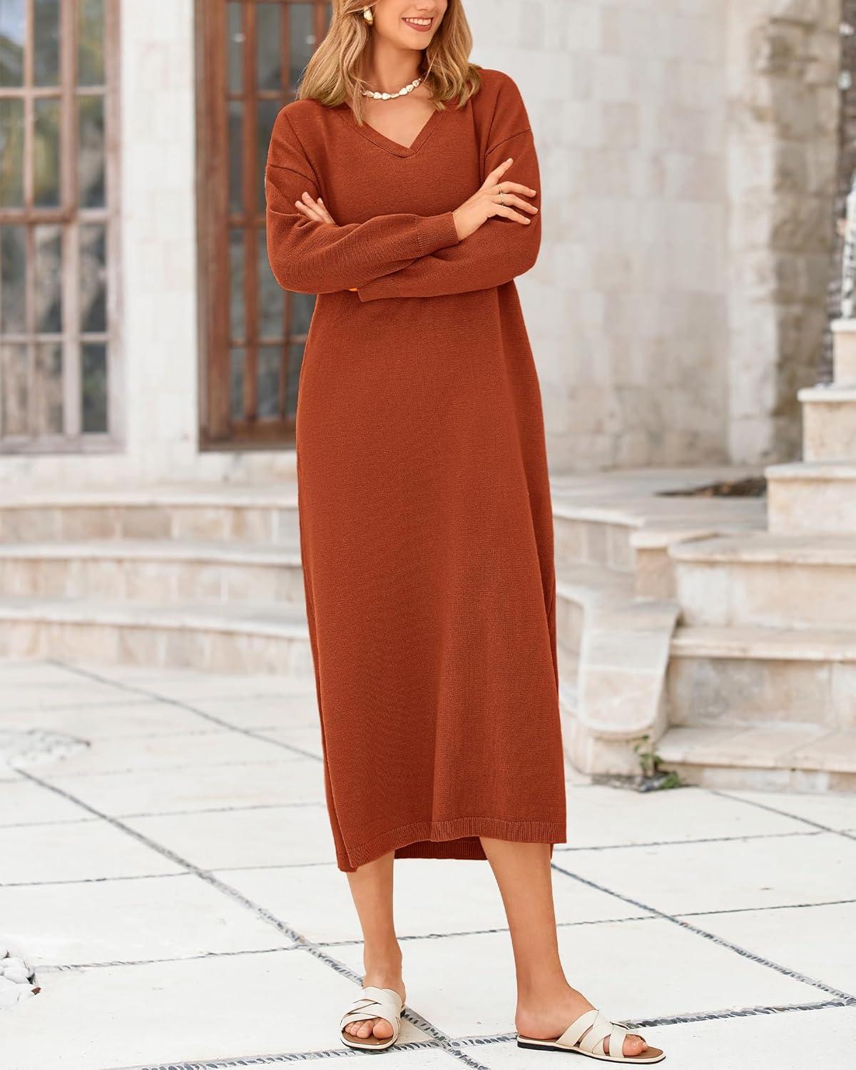 imageBTFBM Womens Fall Fashion 2025 Sweater Dress Casual V Neck Long Sleeve Slit Knit Oversized Sweaters Winter Maxi DressesCaramel