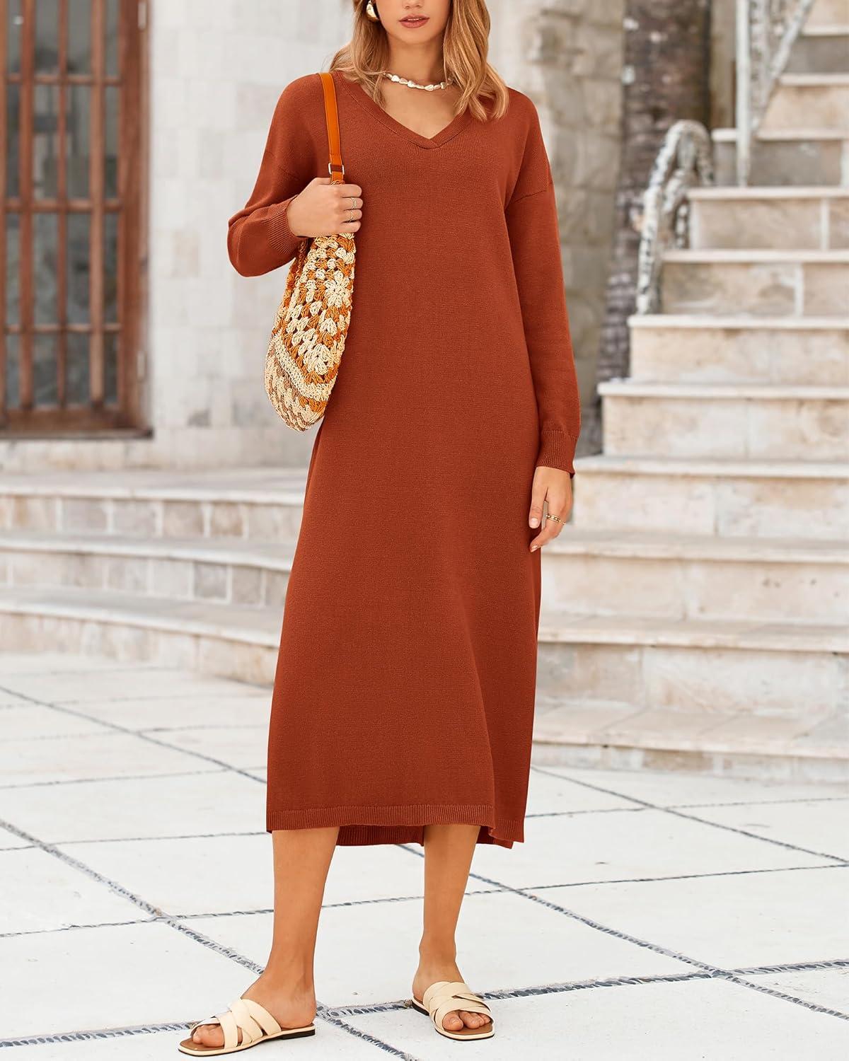 imageBTFBM Womens Fall Fashion 2025 Sweater Dress Casual V Neck Long Sleeve Slit Knit Oversized Sweaters Winter Maxi DressesCaramel
