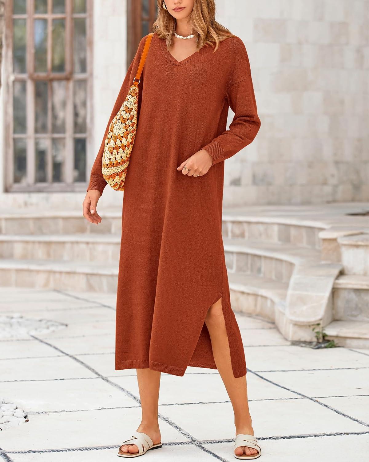imageBTFBM Womens Fall Fashion 2025 Sweater Dress Casual V Neck Long Sleeve Slit Knit Oversized Sweaters Winter Maxi DressesCaramel