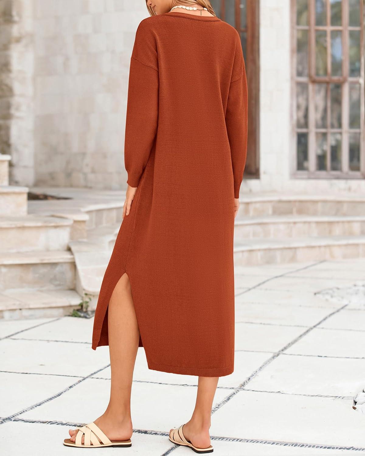 imageBTFBM Womens Fall Fashion 2025 Sweater Dress Casual V Neck Long Sleeve Slit Knit Oversized Sweaters Winter Maxi DressesCaramel