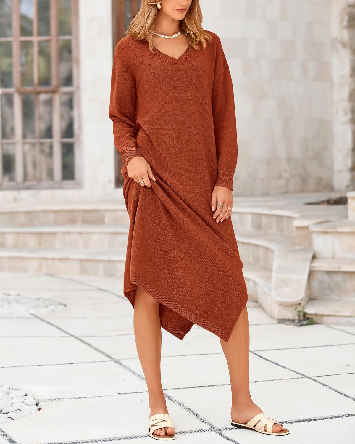 imageBTFBM Womens Fall Fashion 2025 Sweater Dress Casual V Neck Long Sleeve Slit Knit Oversized Sweaters Winter Maxi DressesCaramel