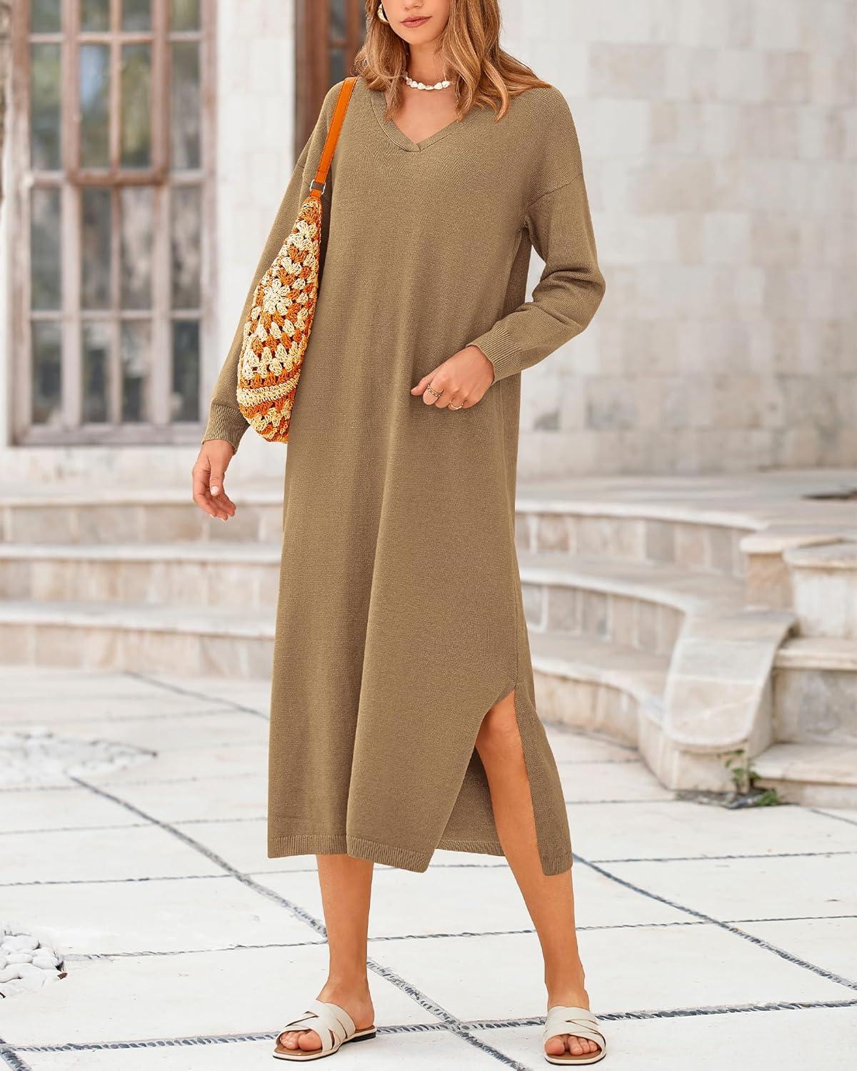 imageBTFBM Womens Fall Fashion 2025 Sweater Dress Casual V Neck Long Sleeve Slit Knit Oversized Sweaters Winter Maxi DressesDark Khaki