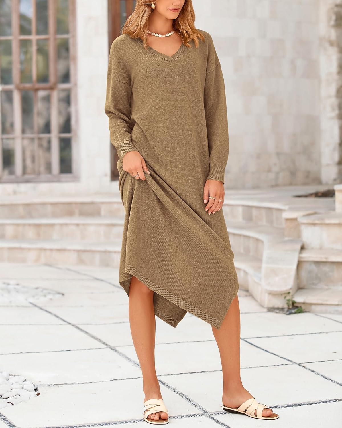 imageBTFBM Womens Fall Fashion 2025 Sweater Dress Casual V Neck Long Sleeve Slit Knit Oversized Sweaters Winter Maxi DressesDark Khaki