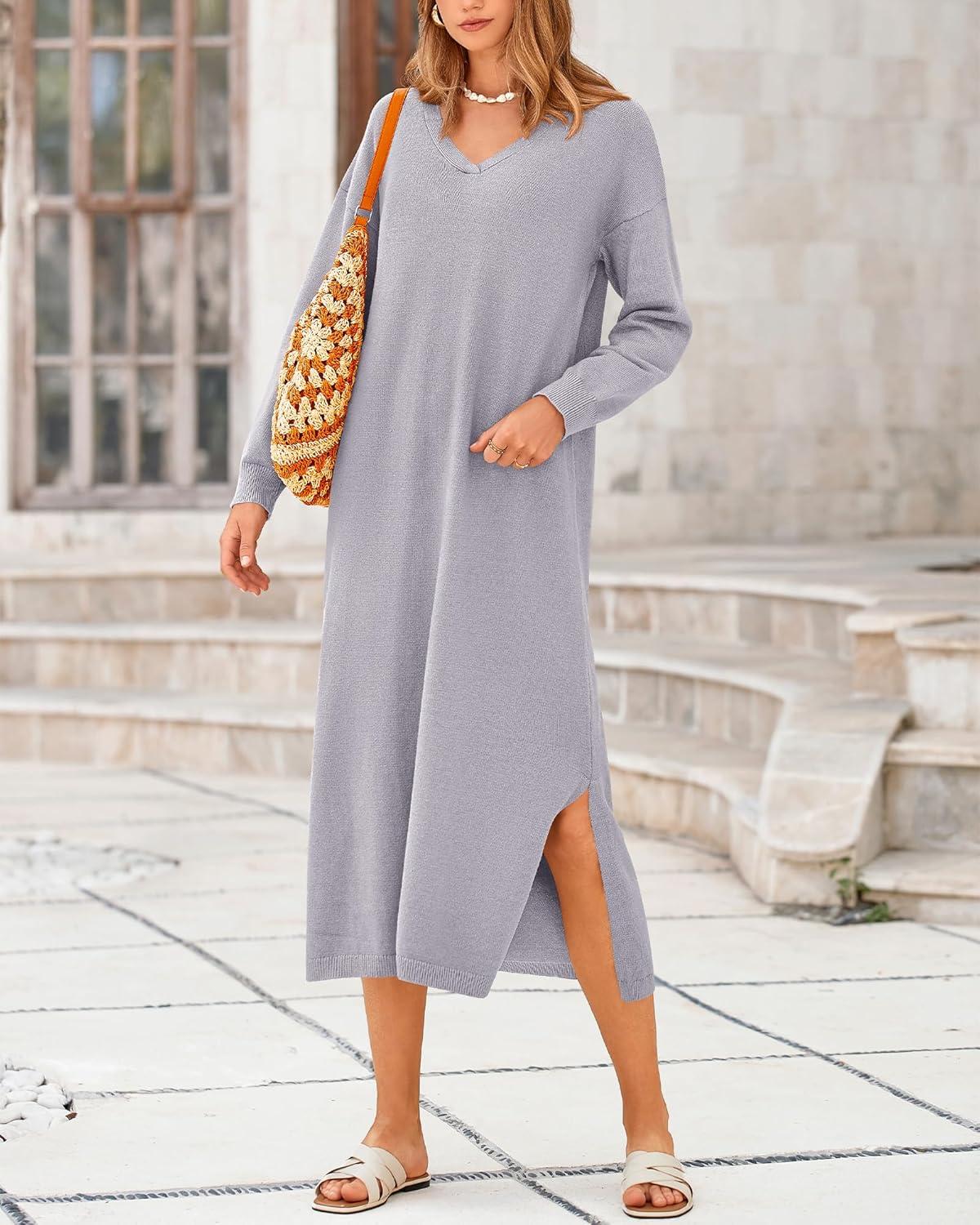 imageBTFBM Womens Fall Fashion 2025 Sweater Dress Casual V Neck Long Sleeve Slit Knit Oversized Sweaters Winter Maxi DressesGrey