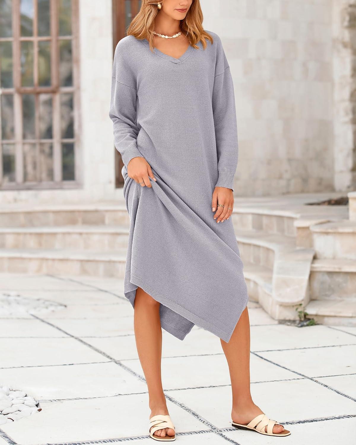 imageBTFBM Womens Fall Fashion 2025 Sweater Dress Casual V Neck Long Sleeve Slit Knit Oversized Sweaters Winter Maxi DressesGrey