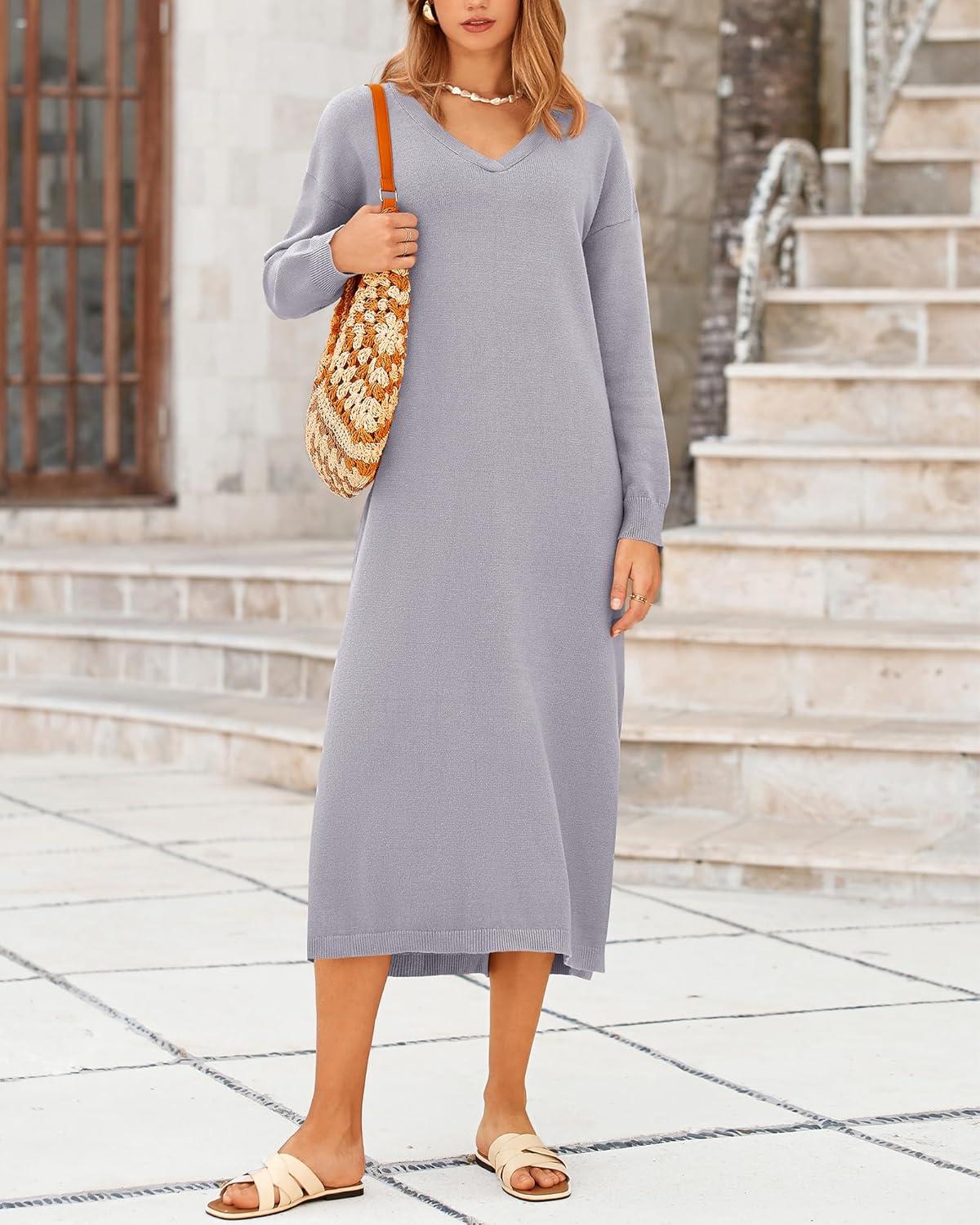 imageBTFBM Womens Fall Fashion 2025 Sweater Dress Casual V Neck Long Sleeve Slit Knit Oversized Sweaters Winter Maxi DressesGrey