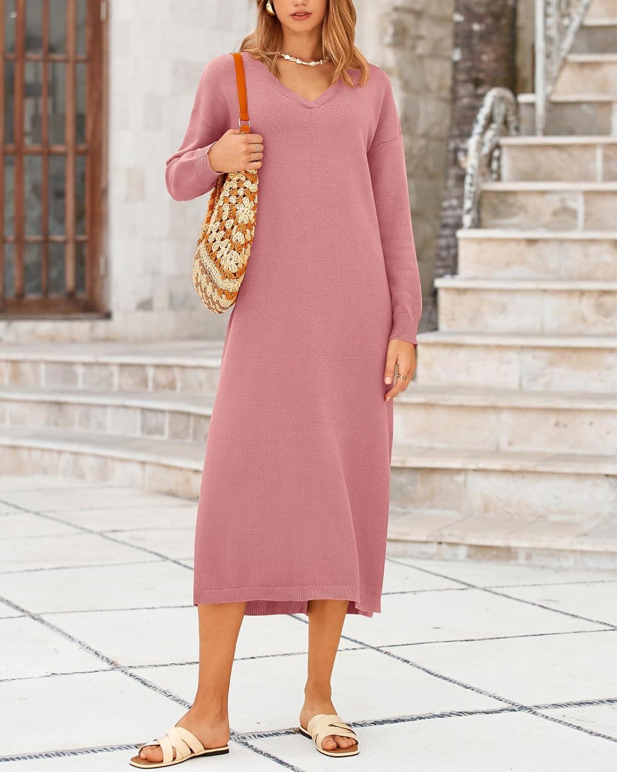 imageBTFBM Womens Fall Fashion 2025 Sweater Dress Casual V Neck Long Sleeve Slit Knit Oversized Sweaters Winter Maxi DressesPink
