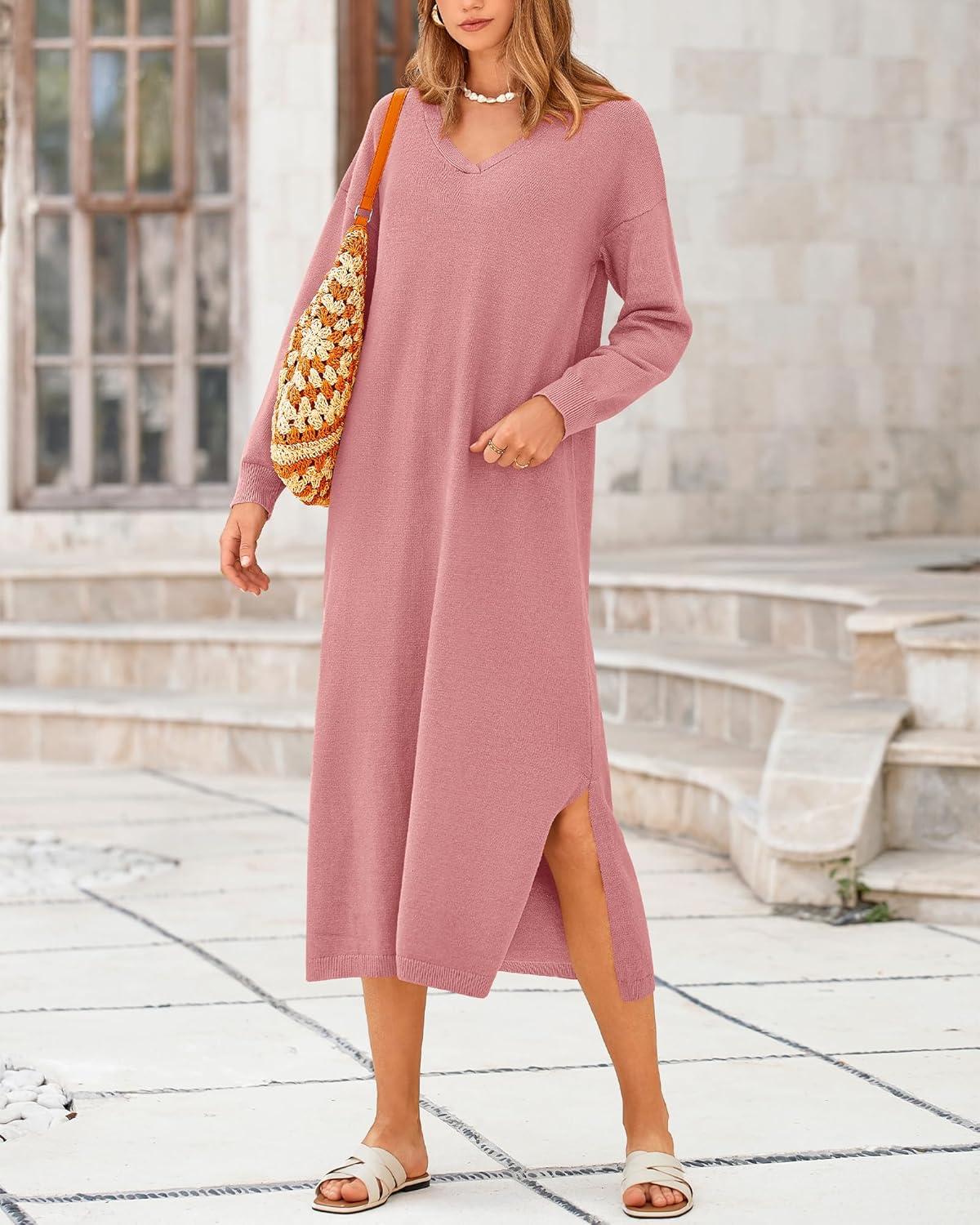 imageBTFBM Womens Fall Fashion 2025 Sweater Dress Casual V Neck Long Sleeve Slit Knit Oversized Sweaters Winter Maxi DressesPink