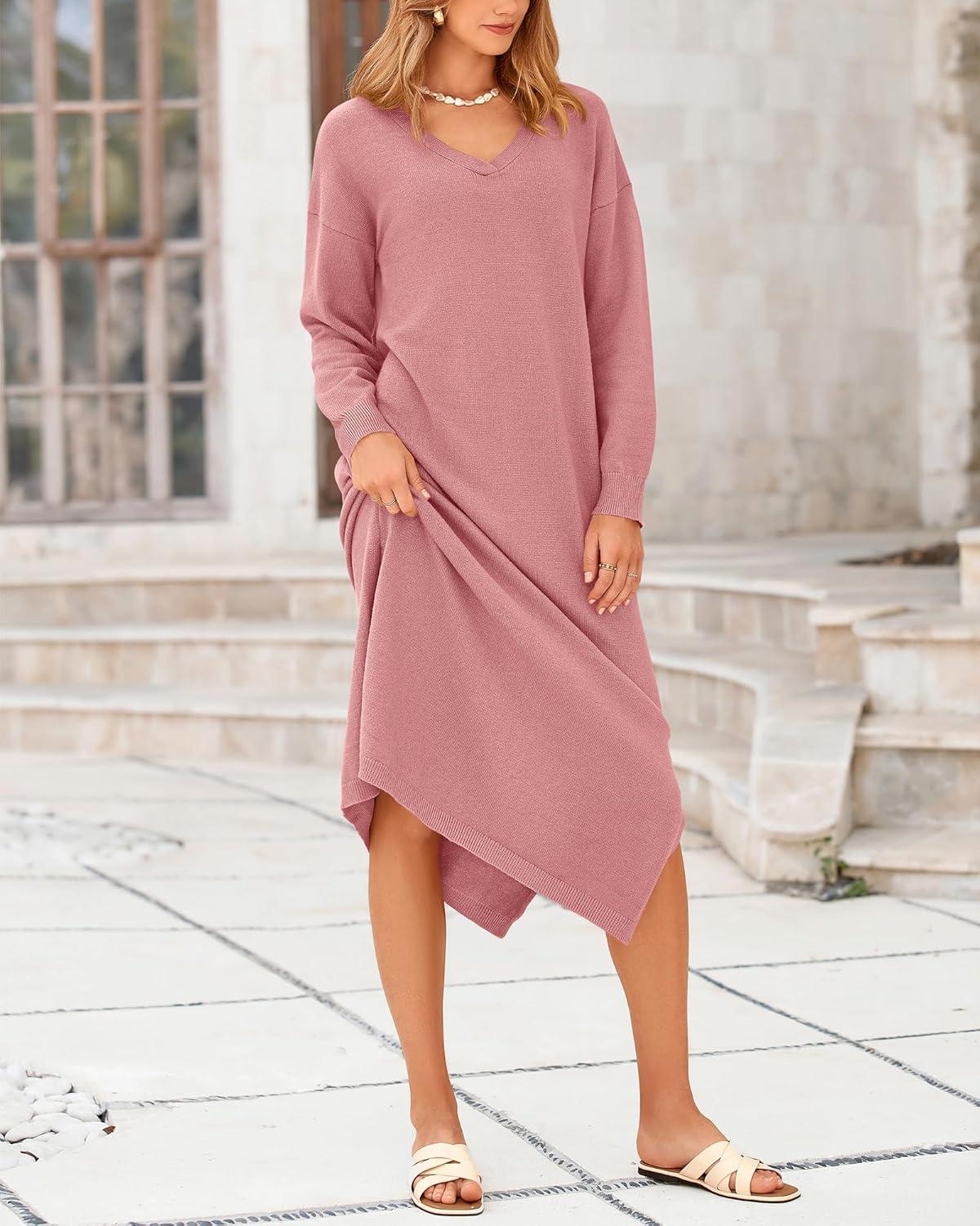imageBTFBM Womens Fall Fashion 2025 Sweater Dress Casual V Neck Long Sleeve Slit Knit Oversized Sweaters Winter Maxi DressesPink