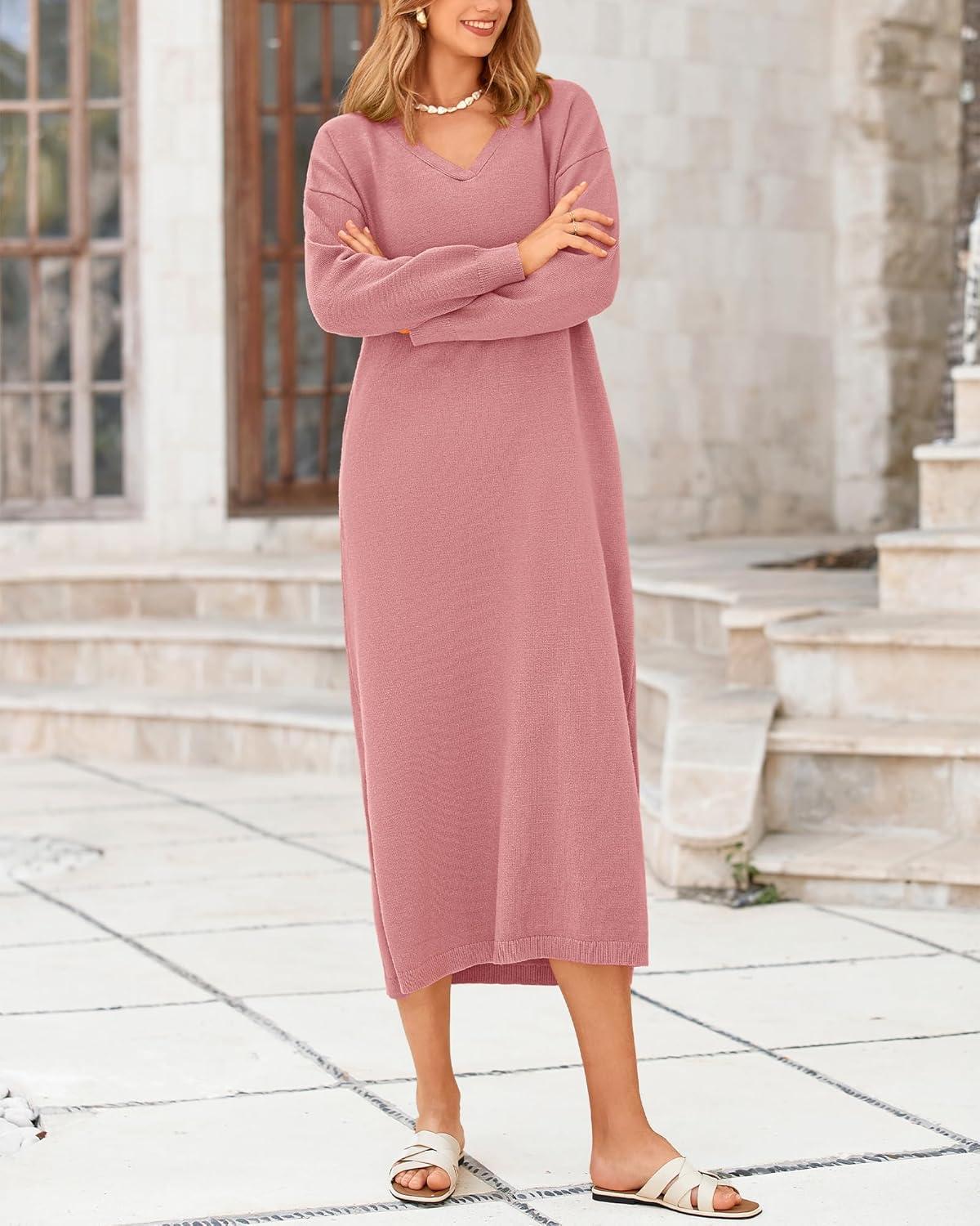 imageBTFBM Womens Fall Fashion 2025 Sweater Dress Casual V Neck Long Sleeve Slit Knit Oversized Sweaters Winter Maxi DressesPink