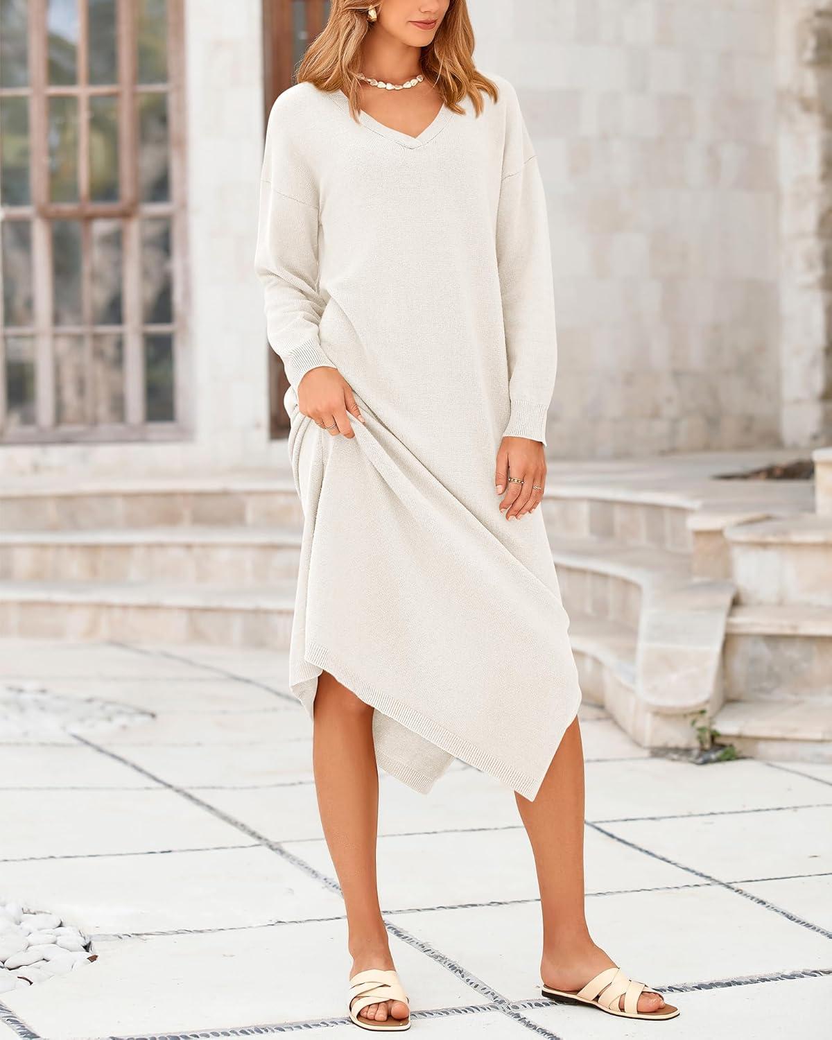 imageBTFBM Womens Fall Fashion 2025 Sweater Dress Casual V Neck Long Sleeve Slit Knit Oversized Sweaters Winter Maxi DressesWhite